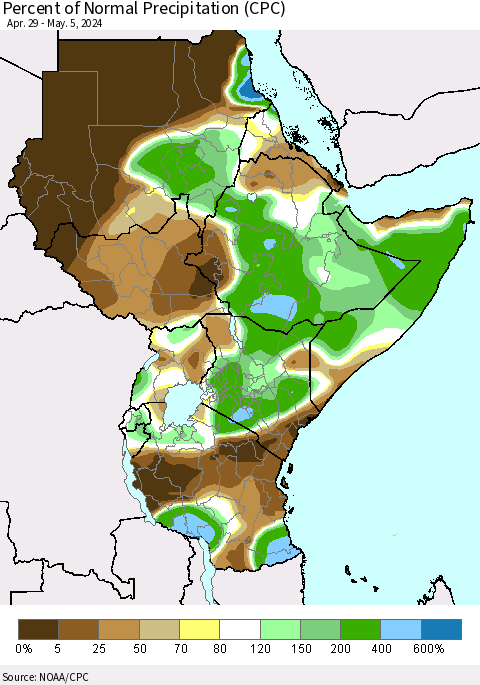 Eastern Africa Percent of Normal Precipitation (CPC) Thematic Map For 4/29/2024 - 5/5/2024