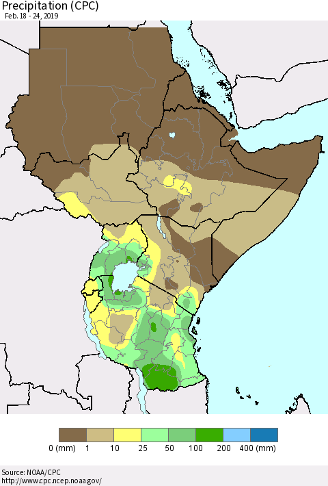 Eastern Africa Precipitation (CPC) Thematic Map For 2/18/2019 - 2/24/2019
