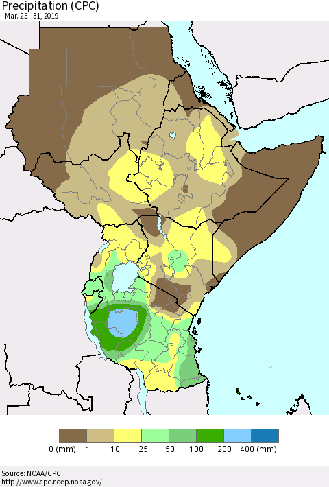 Eastern Africa Precipitation (CPC) Thematic Map For 3/25/2019 - 3/31/2019