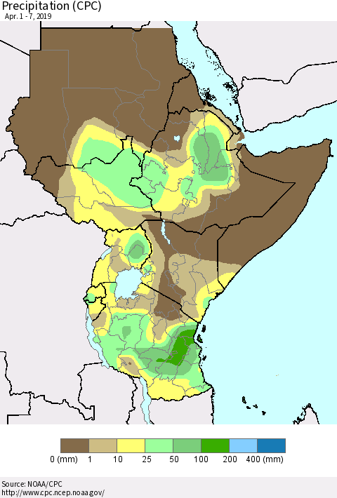 Eastern Africa Precipitation (CPC) Thematic Map For 4/1/2019 - 4/7/2019