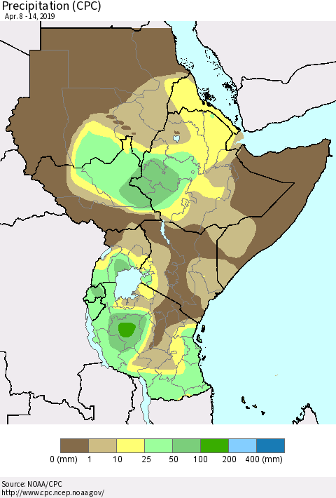 Eastern Africa Precipitation (CPC) Thematic Map For 4/8/2019 - 4/14/2019