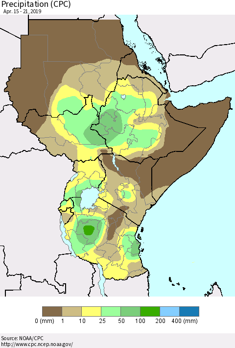 Eastern Africa Precipitation (CPC) Thematic Map For 4/15/2019 - 4/21/2019