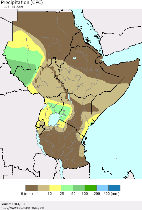Eastern Africa Precipitation (CPC) Thematic Map For 7/8/2019 - 7/14/2019