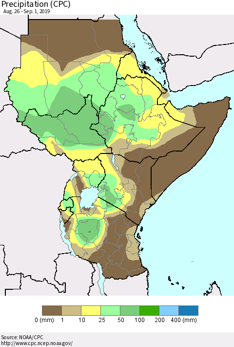 Eastern Africa Precipitation (CPC) Thematic Map For 8/26/2019 - 9/1/2019