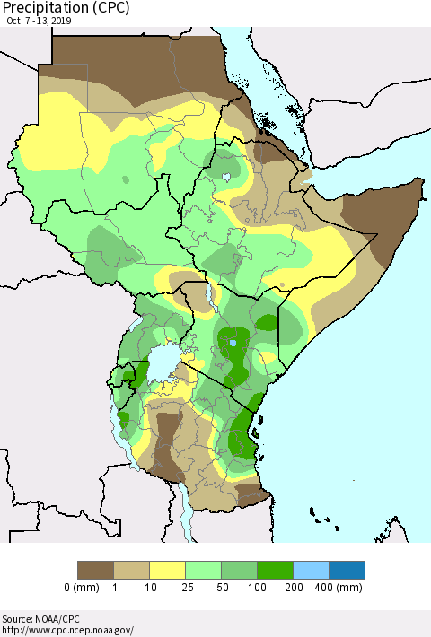 Eastern Africa Precipitation (CPC) Thematic Map For 10/7/2019 - 10/13/2019