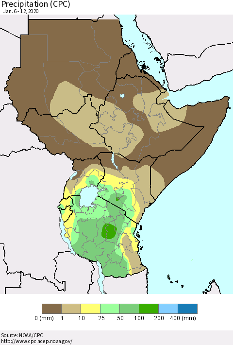 Eastern Africa Precipitation (CPC) Thematic Map For 1/6/2020 - 1/12/2020