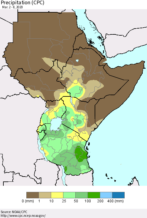 Eastern Africa Precipitation (CPC) Thematic Map For 3/2/2020 - 3/8/2020