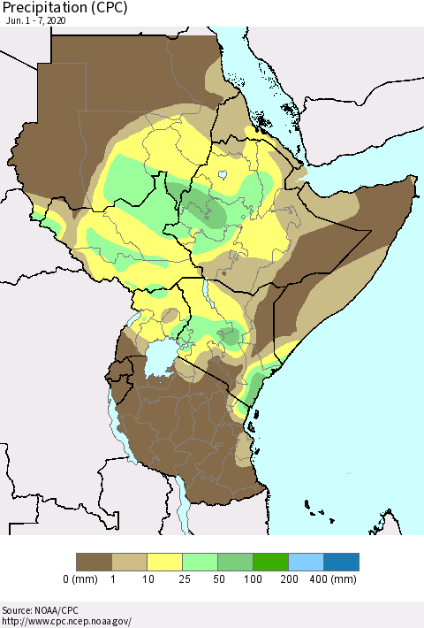 Eastern Africa Precipitation (CPC) Thematic Map For 6/1/2020 - 6/7/2020