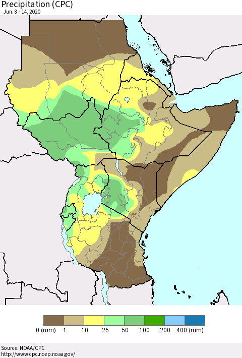 Eastern Africa Precipitation (CPC) Thematic Map For 6/8/2020 - 6/14/2020