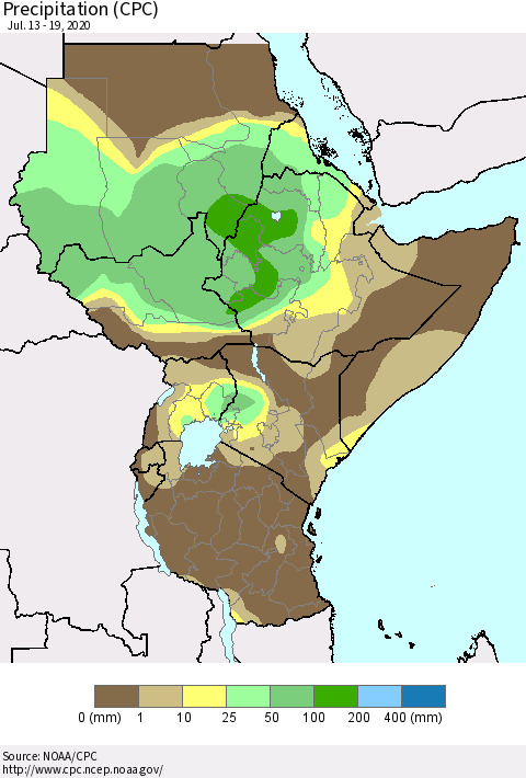 Eastern Africa Precipitation (CPC) Thematic Map For 7/13/2020 - 7/19/2020
