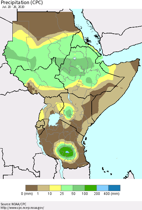 Eastern Africa Precipitation (CPC) Thematic Map For 7/20/2020 - 7/26/2020