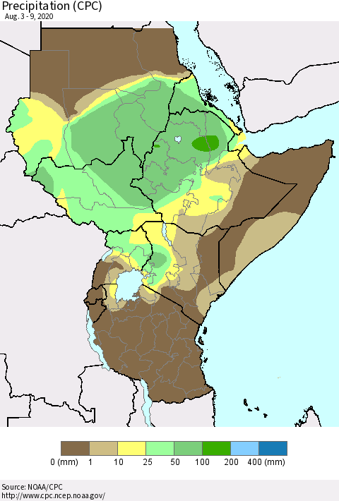 Eastern Africa Precipitation (CPC) Thematic Map For 8/3/2020 - 8/9/2020