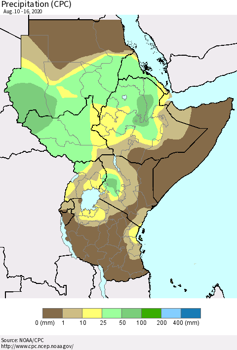 Eastern Africa Precipitation (CPC) Thematic Map For 8/10/2020 - 8/16/2020