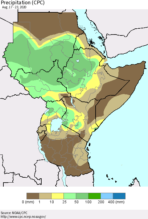 Eastern Africa Precipitation (CPC) Thematic Map For 8/17/2020 - 8/23/2020