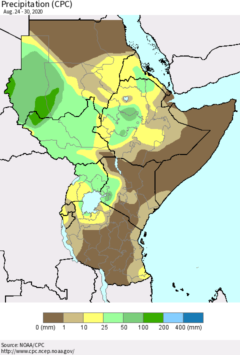 Eastern Africa Precipitation (CPC) Thematic Map For 8/24/2020 - 8/30/2020