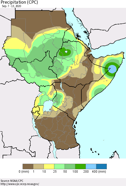 Eastern Africa Precipitation (CPC) Thematic Map For 9/7/2020 - 9/13/2020