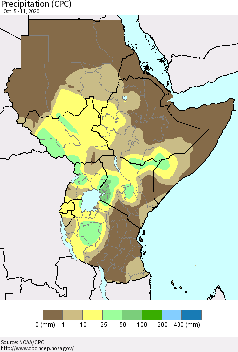Eastern Africa Precipitation (CPC) Thematic Map For 10/5/2020 - 10/11/2020