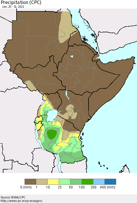 Eastern Africa Precipitation (CPC) Thematic Map For 1/25/2021 - 1/31/2021