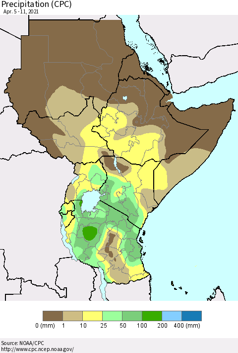 Eastern Africa Precipitation (CPC) Thematic Map For 4/5/2021 - 4/11/2021