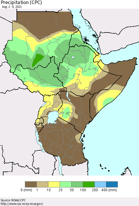 Eastern Africa Precipitation (CPC) Thematic Map For 8/2/2021 - 8/8/2021