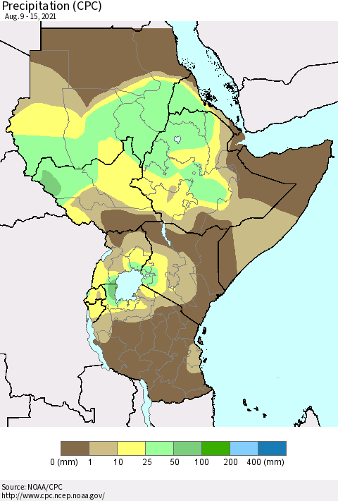 Eastern Africa Precipitation (CPC) Thematic Map For 8/9/2021 - 8/15/2021