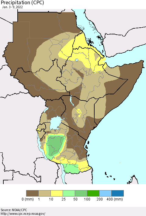Eastern Africa Precipitation (CPC) Thematic Map For 1/3/2022 - 1/9/2022