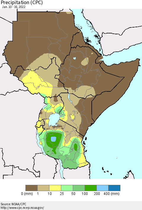 Eastern Africa Precipitation (CPC) Thematic Map For 1/10/2022 - 1/16/2022