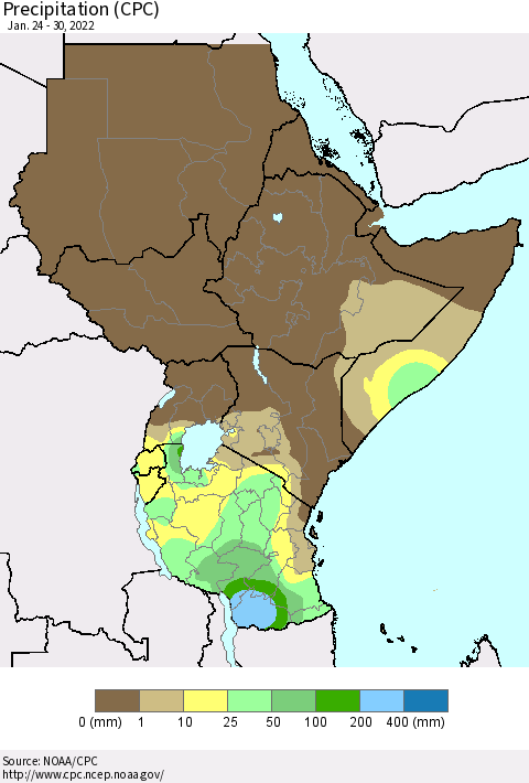 Eastern Africa Precipitation (CPC) Thematic Map For 1/24/2022 - 1/30/2022