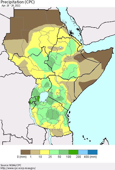 Eastern Africa Precipitation (CPC) Thematic Map For 4/18/2022 - 4/24/2022