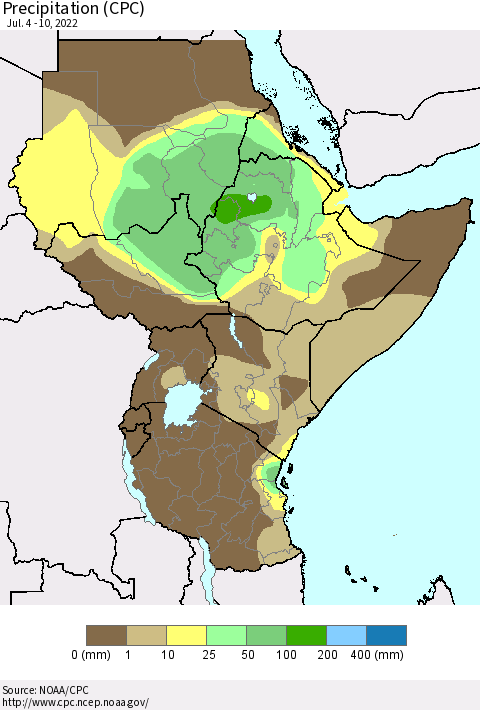 Eastern Africa Precipitation (CPC) Thematic Map For 7/4/2022 - 7/10/2022