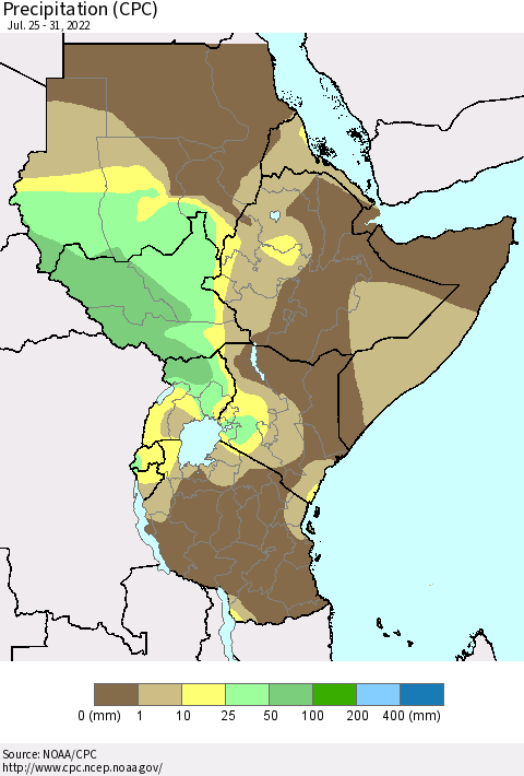 Eastern Africa Precipitation (CPC) Thematic Map For 7/25/2022 - 7/31/2022