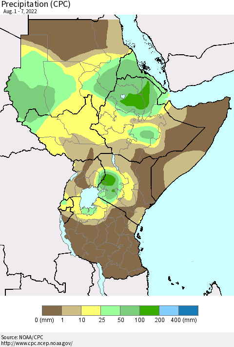 Eastern Africa Precipitation (CPC) Thematic Map For 8/1/2022 - 8/7/2022