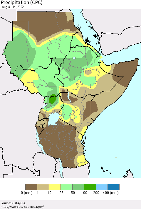 Eastern Africa Precipitation (CPC) Thematic Map For 8/8/2022 - 8/14/2022