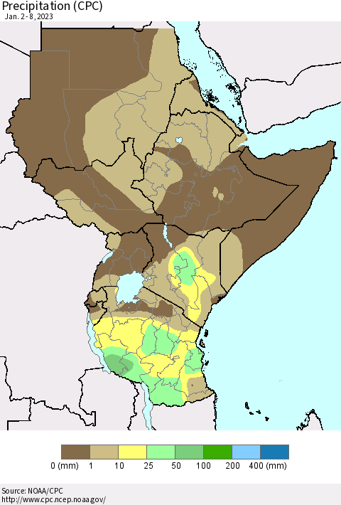 Eastern Africa Precipitation (CPC) Thematic Map For 1/2/2023 - 1/8/2023