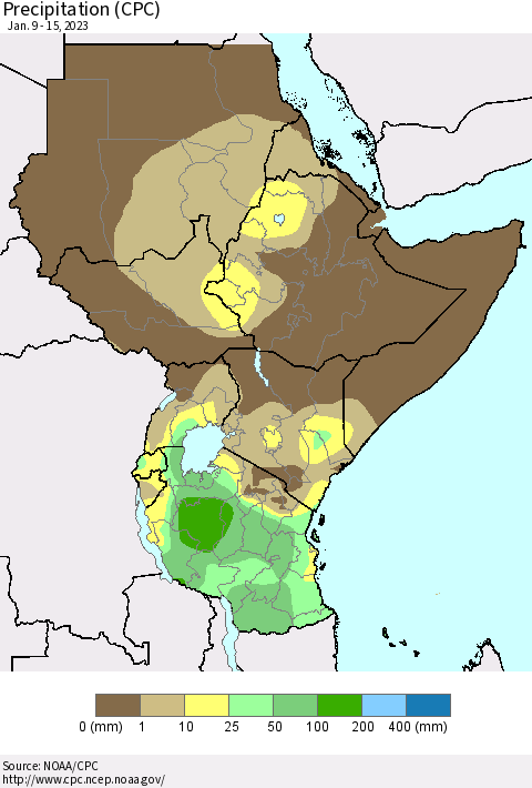 Eastern Africa Precipitation (CPC) Thematic Map For 1/9/2023 - 1/15/2023