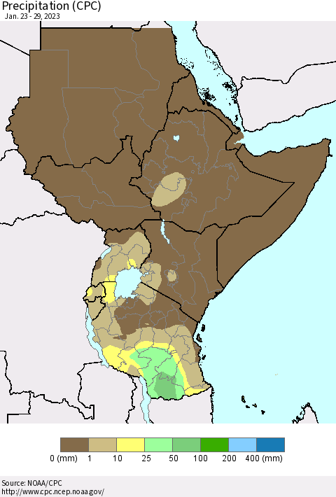 Eastern Africa Precipitation (CPC) Thematic Map For 1/23/2023 - 1/29/2023