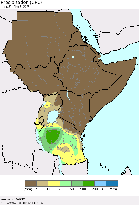Eastern Africa Precipitation (CPC) Thematic Map For 1/30/2023 - 2/5/2023