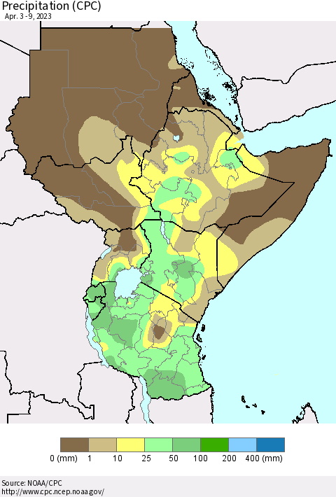 Eastern Africa Precipitation (CPC) Thematic Map For 4/3/2023 - 4/9/2023