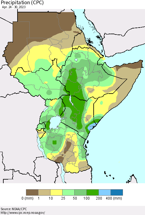 Eastern Africa Precipitation (CPC) Thematic Map For 4/24/2023 - 4/30/2023
