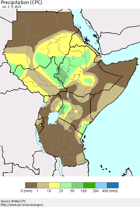Eastern Africa Precipitation (CPC) Thematic Map For 7/3/2023 - 7/9/2023