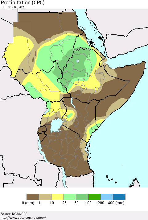 Eastern Africa Precipitation (CPC) Thematic Map For 7/10/2023 - 7/16/2023