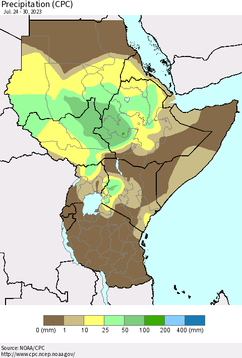 Eastern Africa Precipitation (CPC) Thematic Map For 7/24/2023 - 7/30/2023