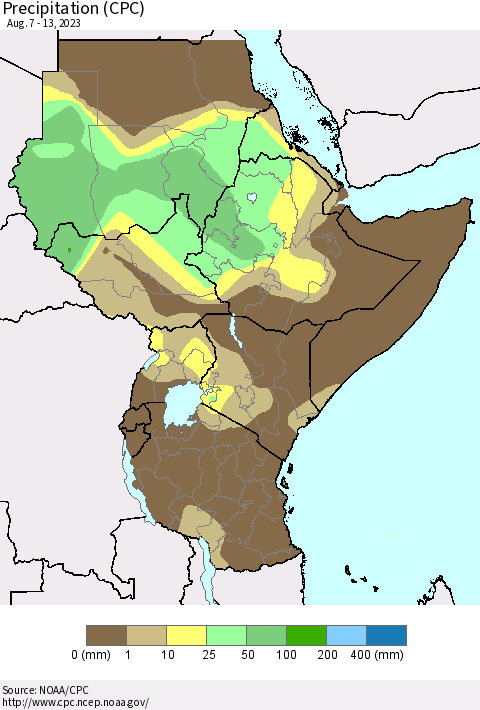 Eastern Africa Precipitation (CPC) Thematic Map For 8/7/2023 - 8/13/2023