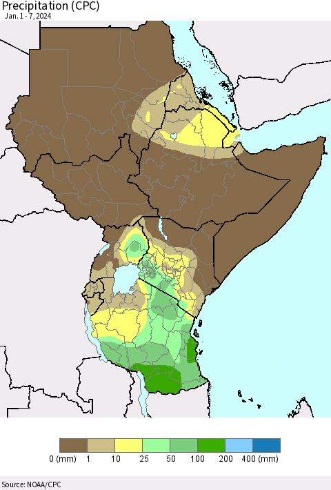 Eastern Africa Precipitation (CPC) Thematic Map For 1/1/2024 - 1/7/2024