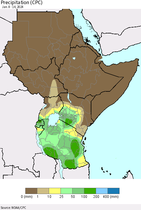 Eastern Africa Precipitation (CPC) Thematic Map For 1/8/2024 - 1/14/2024