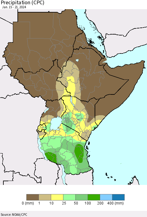 Eastern Africa Precipitation (CPC) Thematic Map For 1/15/2024 - 1/21/2024