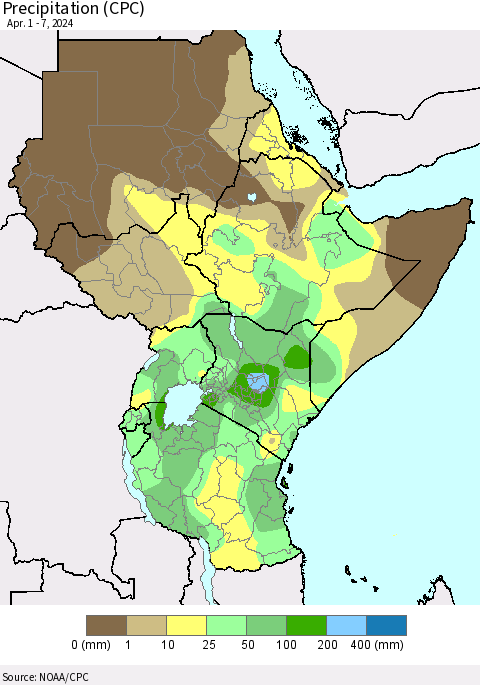 Eastern Africa Precipitation (CPC) Thematic Map For 4/1/2024 - 4/7/2024