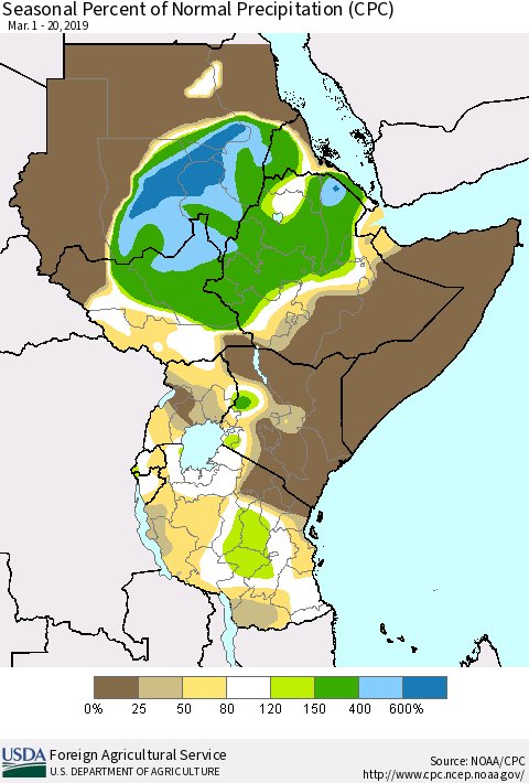 Eastern Africa Seasonal Percent of Normal Precipitation (CPC) Thematic Map For 3/1/2019 - 3/20/2019