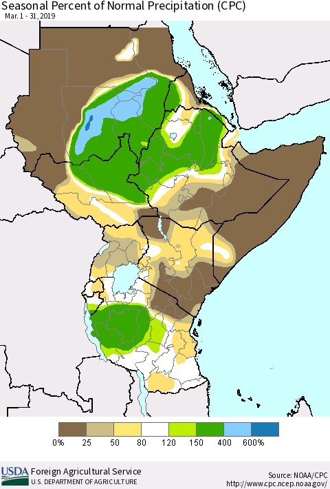 Eastern Africa Seasonal Percent of Normal Precipitation (CPC) Thematic Map For 3/1/2019 - 3/31/2019