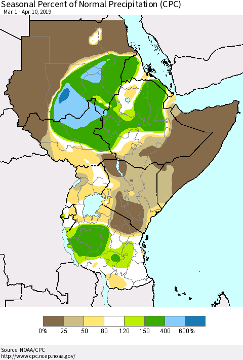 Eastern Africa Seasonal Percent of Normal Precipitation (CPC) Thematic Map For 3/1/2019 - 4/10/2019